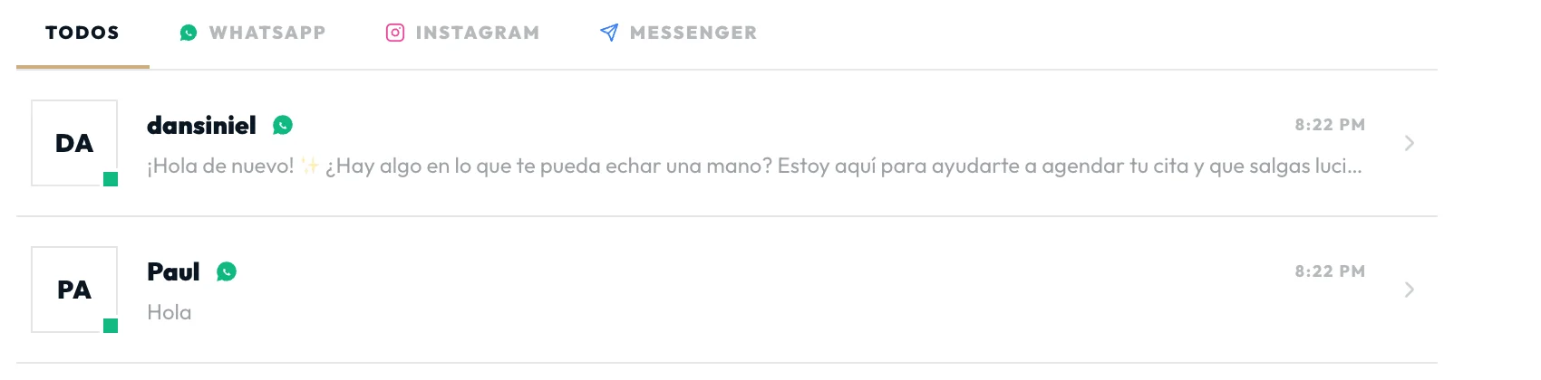 Bandeja de OXOMO con conversaciones de WhatsApp, Instagram y Messenger juntas